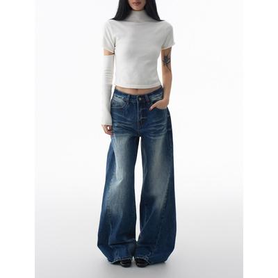 AGUA美式牛仔阔腿裤女2025秋冬季新款折痕设计松弛感显瘦拖地裤子