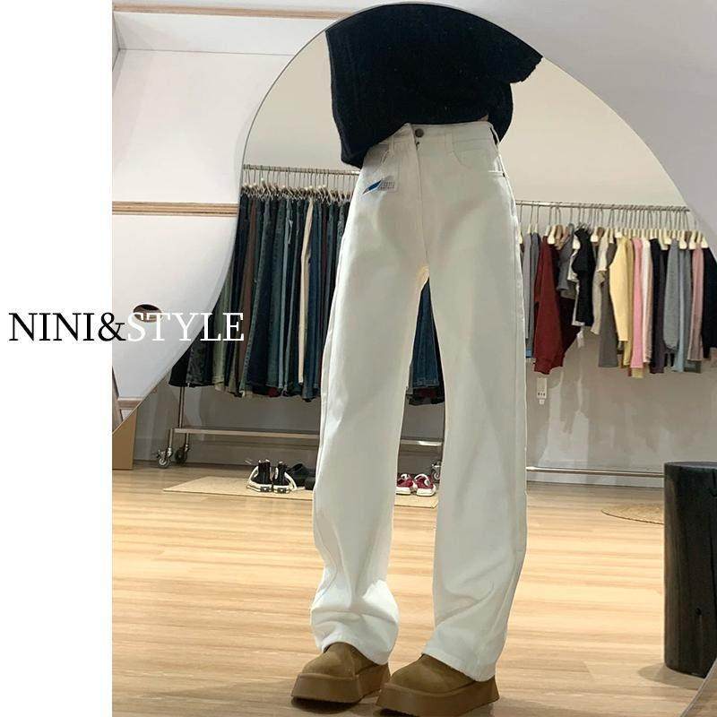 白色窄版阔腿牛仔裤女夏季2025新款高腰宽松高级垂感小个子直筒裤