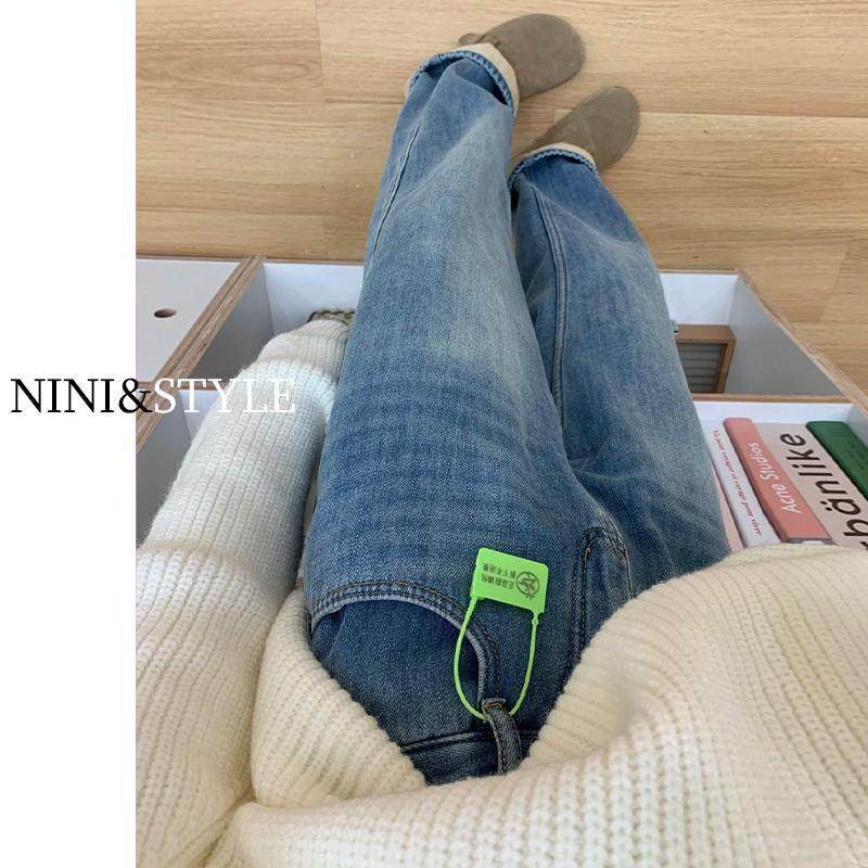 加绒浅色窄版阔腿牛仔裤女秋季2025新款高腰显瘦宽松小个子直筒裤