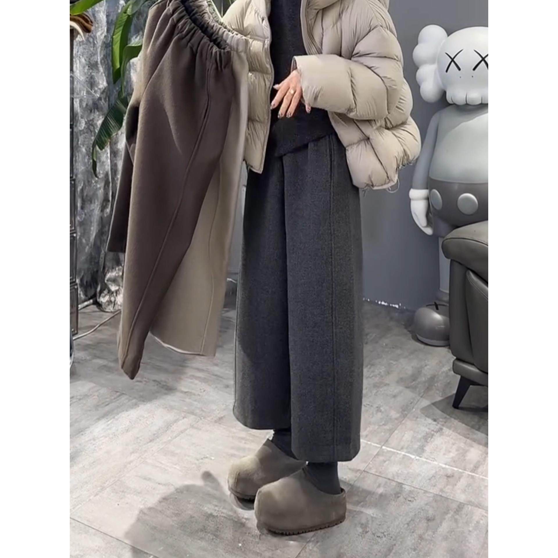 毛呢高腰加绒九分休闲裤女冬季大码胖mm宽松显瘦小个子百搭阔腿裤