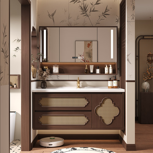 宋式美学藤编浴室柜中古风