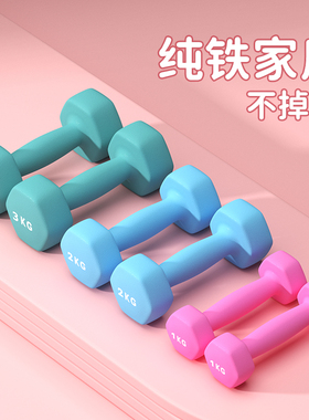 女士哑铃健身家用实心浸塑铸铁3kg六角女式力量普拉提居家小哑铃