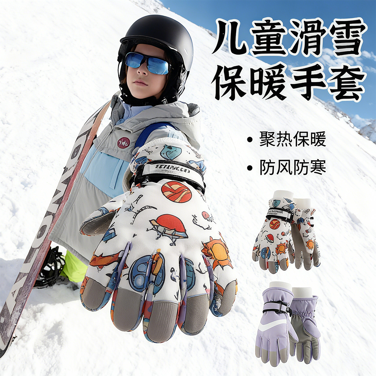 儿童滑雪手套玩雪防水防风触屏五指内胆加厚保暖单板专用滑雪男