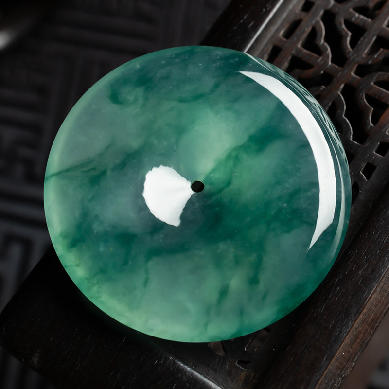 缅甸天然翡翠A货珠宝玉石带证书-老坑种冰飘花精美平安扣吊坠