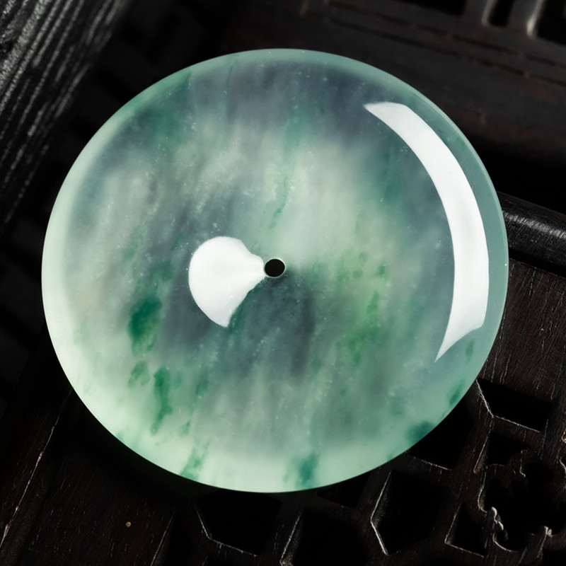 缅甸天然翡翠A货珠宝玉石带证书-老坑种高冰飘绿化起光平安扣吊坠