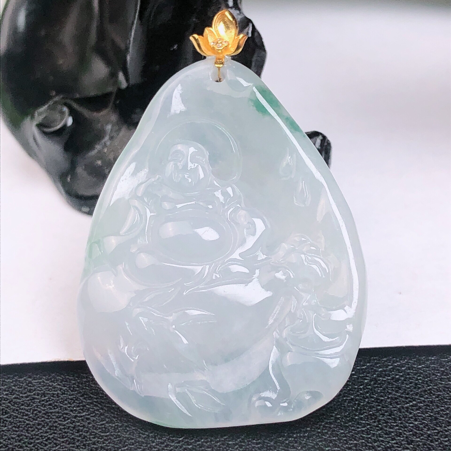 缅甸天然A货翡翠玉石玉坠冰润飘花镶嵌18K金扣头精雕弥勒佛公吊坠