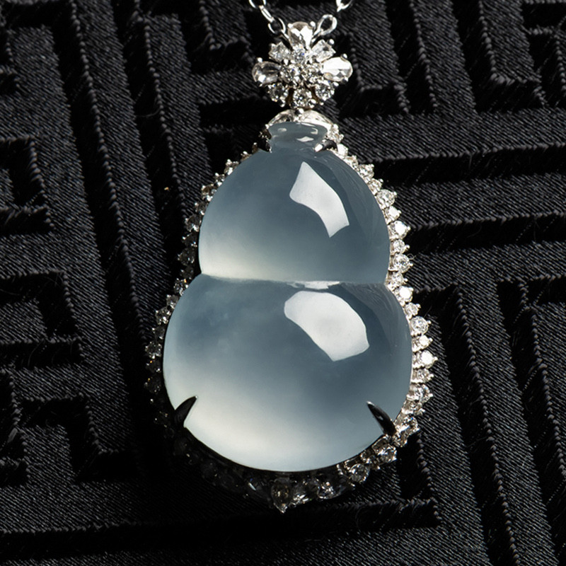 缅甸天然翡翠A货珠宝玉石带证书-18K金镶老坑种冰润起光葫芦吊坠