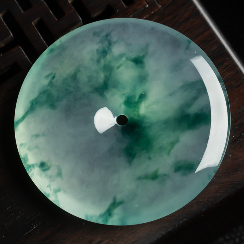 缅甸天然翡翠A货珠宝带证书-老坑冰种飘水墨画蓝水花平安扣吊坠