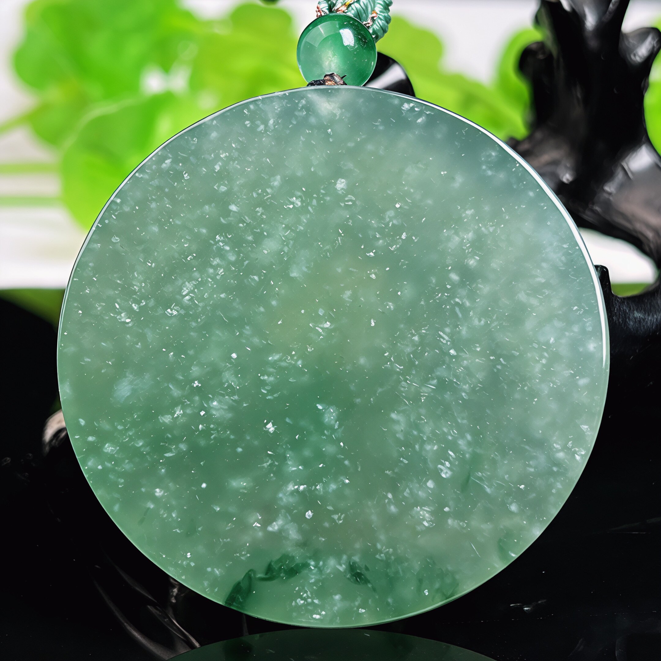 缅甸天然A货翡翠冰种满色雪花棉无事牌吊坠带证书