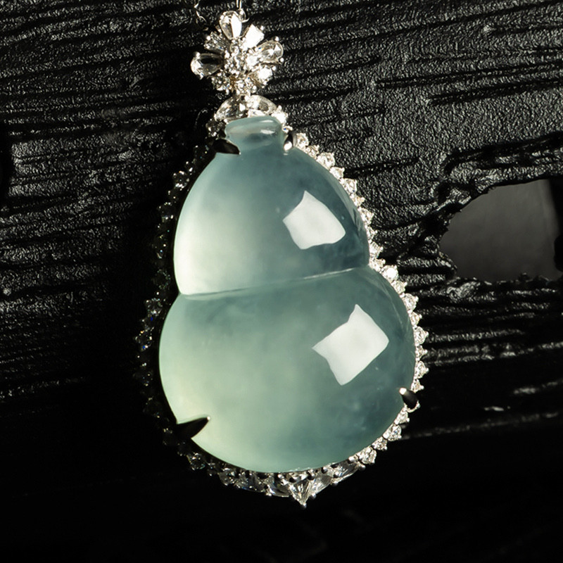 缅甸天然翡翠A货珠宝玉石带证书-18K金镶老坑种冰润饱满葫芦吊坠