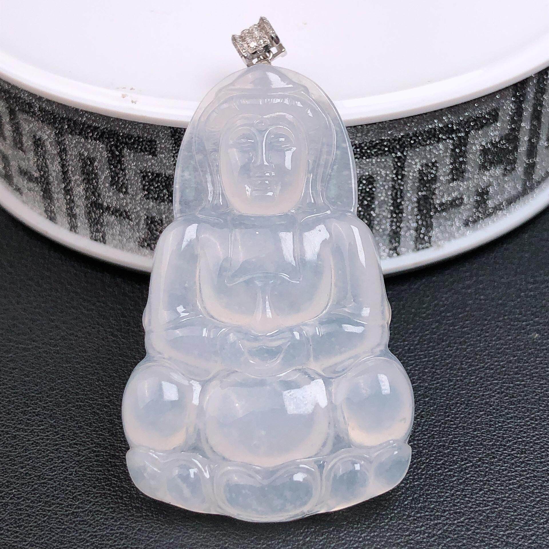 缅甸天然A货翡翠玉坠带证书-冰种精雕观音吊坠