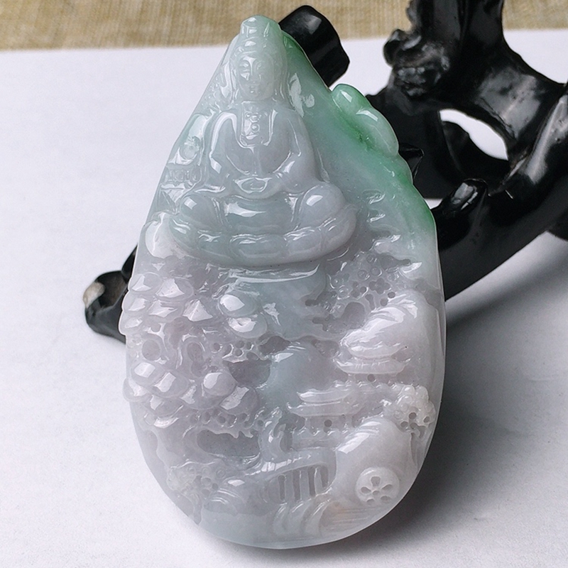 缅甸天然A货翡翠玉石玉坠带证书-水润飘绿精雕山水观音吊坠