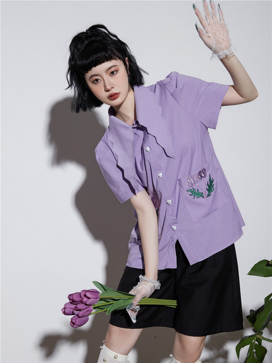 紫色刺绣短袖衬衫女夏装设计感小众衬衣温柔韩系法式别致上衣ins