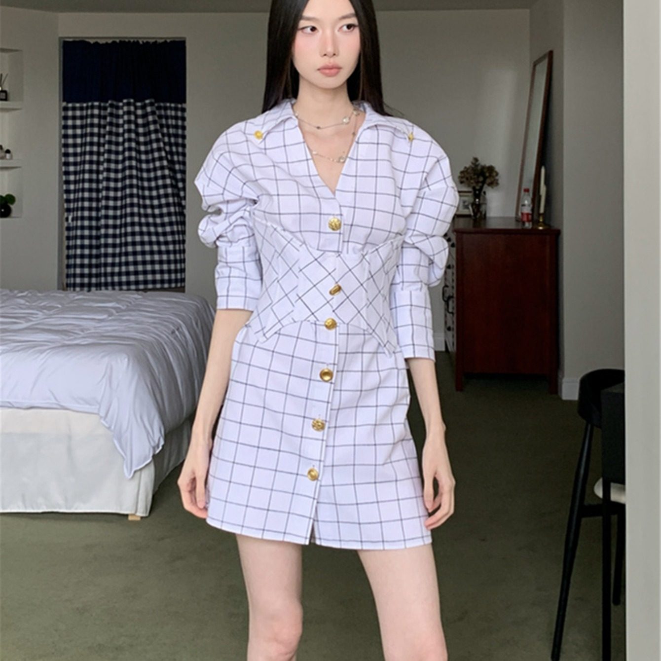 现货  格子衬衫连衣裙女夏季新款腰封收腰修身显瘦复古A字短裙,女装/女士精品,连衣裙,淘宝优惠券,粉丝福利购,淘宝优惠卷