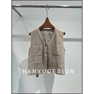 100%亚麻时髦V领无袖 26早春新款 针织马甲女 韩钰DESIGN