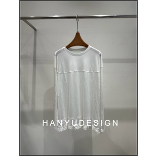 亚麻松弛感拼接蕾丝白色长袖 26早春新款 T恤女 韩钰DESIGN