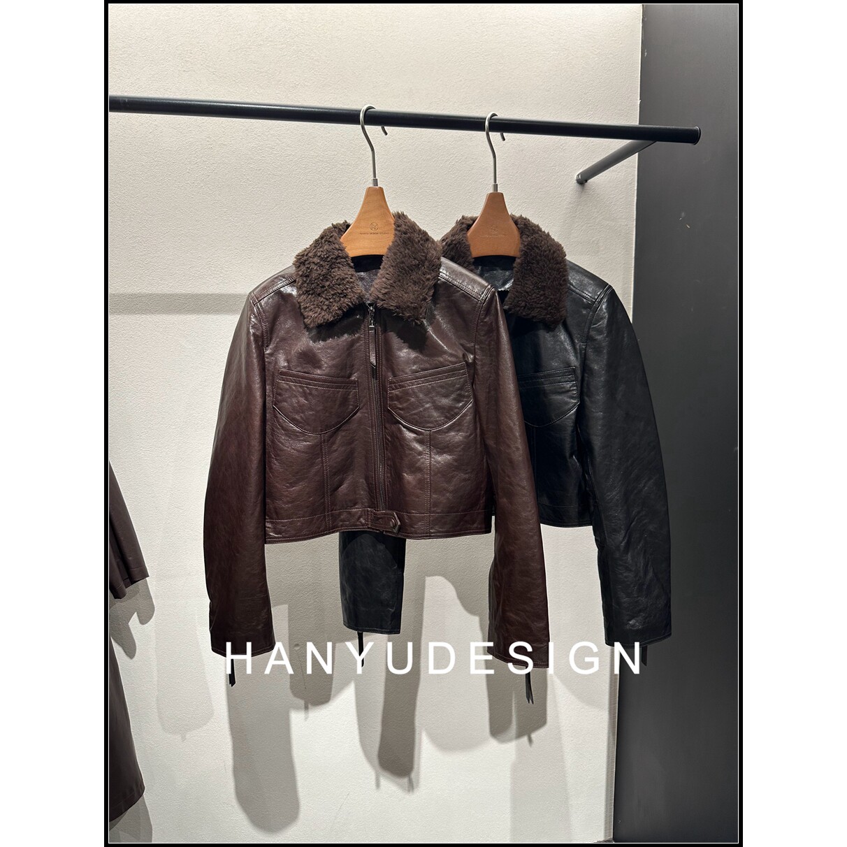 【韩钰DESIGN】 洋气机车风90白鹅绒皮毛一体真皮皮衣夹克