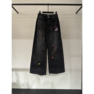 复古涂鸦印花牛仔裤 美式 现货25早秋新 女阔腿长裤 韩钰DESIGN