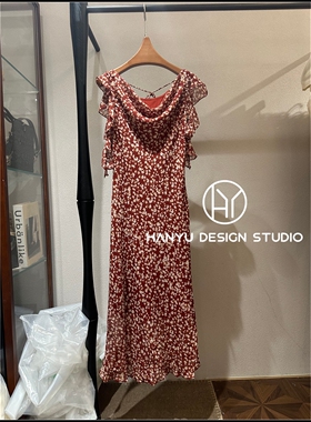 【韩钰DESIGN】26夏季新款 红色法式浪漫风荷叶边碎花连衣裙女