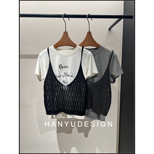 韩系圆领针织吊带拼接字母T恤 26早春新款 韩钰DESIGN