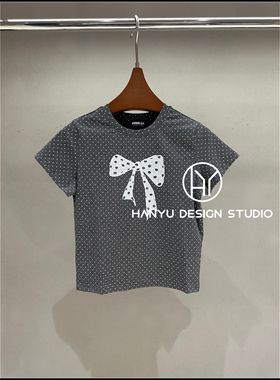 【韩钰DESIGN】26夏季新款 灰色韩系蝴蝶结波点短袖T恤女