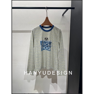 休闲慵懒风撞色印花条纹长袖 26早春新款 T恤女 韩钰DESIGN