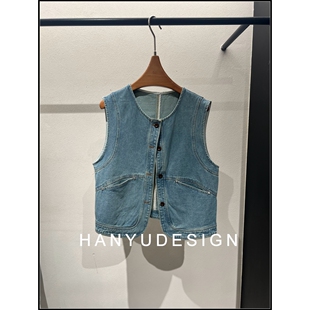 蓝色圆领百搭韩系牛仔马甲女 26早春新款 韩钰DESIGN