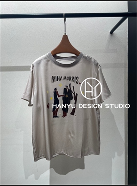 【韩钰DESIGN】26夏季新款 桑蚕丝灰色卡通印花短袖T恤女