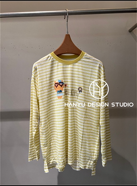 【韩钰DESIGN】26夏季新款 黄色卡通印花条纹长袖T恤女