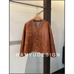 绵羊皮复古简约风V领棕色皮衣女 26早春新款 韩钰DESIGN