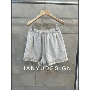 100%亚麻休闲松紧腰刺绣短裤 26早春新款 女 韩钰DESIGN