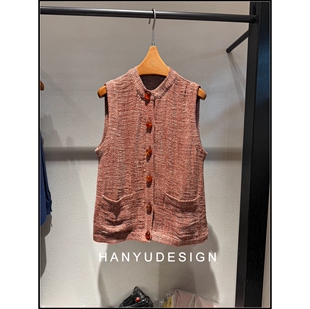 100%亚麻小香风无袖 26早春新款 单排扣花纱马甲女 韩钰DESIGN