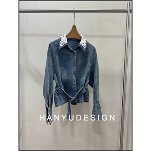 牛仔风蕾丝领系带收腰衬衫 26早春新款 女 韩钰DESIGN