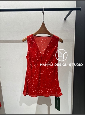 【韩钰DESIGN】26夏季新款 桑蚕丝红色显白波点V领无袖背心女