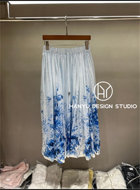 【韩钰DESIGN】26夏季新款 韩系松弛感蓝色印花半身裙女