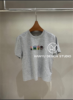【韩钰DESIGN】26夏季新款 灰色减龄卡通风刺绣短袖T恤女
