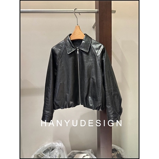 绵羊皮复古机车风黑色皮衣女 26早春新款 韩钰DESIGN