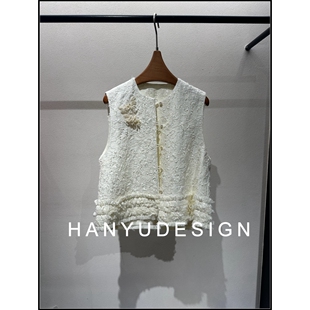 圆领钉珠装 26早春新款 饰单排扣蕾丝马甲女 韩钰DESIGN