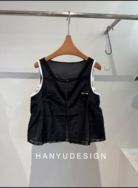 【韩钰DESIGN】26早春新款 桑蚕丝黑色撞色边蕾丝拼接背心女