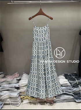 【韩钰DESIGN】26夏季新款 蓝色修身清凉风印花吊带连衣裙女