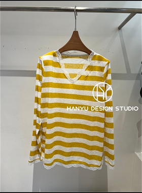 【韩钰DESIGN】26夏季新款 黄色蕾丝V领条纹长袖T恤女