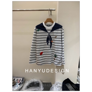 T恤女 韩钰DESIGN 现货25早秋新 设计感百搭条纹短袖