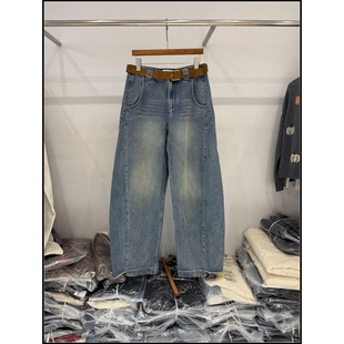 牛仔裤 复古水洗做旧腰带弯刀裤 时尚 女 韩钰DESIGN