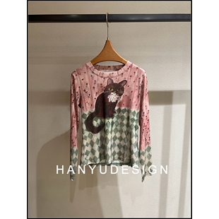 撞色减龄卡通猫咪印花长袖 26早春新款 T恤女 韩钰DESIGN