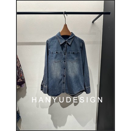 【韩钰DESIGN】 经典小翻领单排扣蓝色牛仔衬衫衬衣女