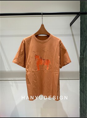 【韩钰DESIGN】26夏季新款 度假风土黄色圆领小马印花短袖T恤女