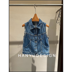 复古翻领纯棉牛仔马甲女 26早春新款 韩钰DESIGN