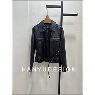 黑色翻领绵羊皮机车风皮衣女 26早春新款 韩钰DESIGN