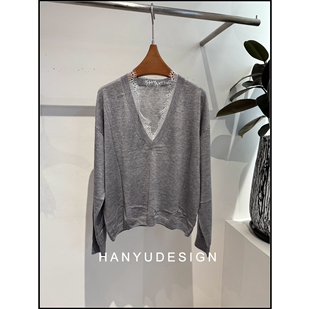 针织衫 绵羊毛极简V领蕾丝拼接长袖 26早春新款 女 韩钰DESIGN