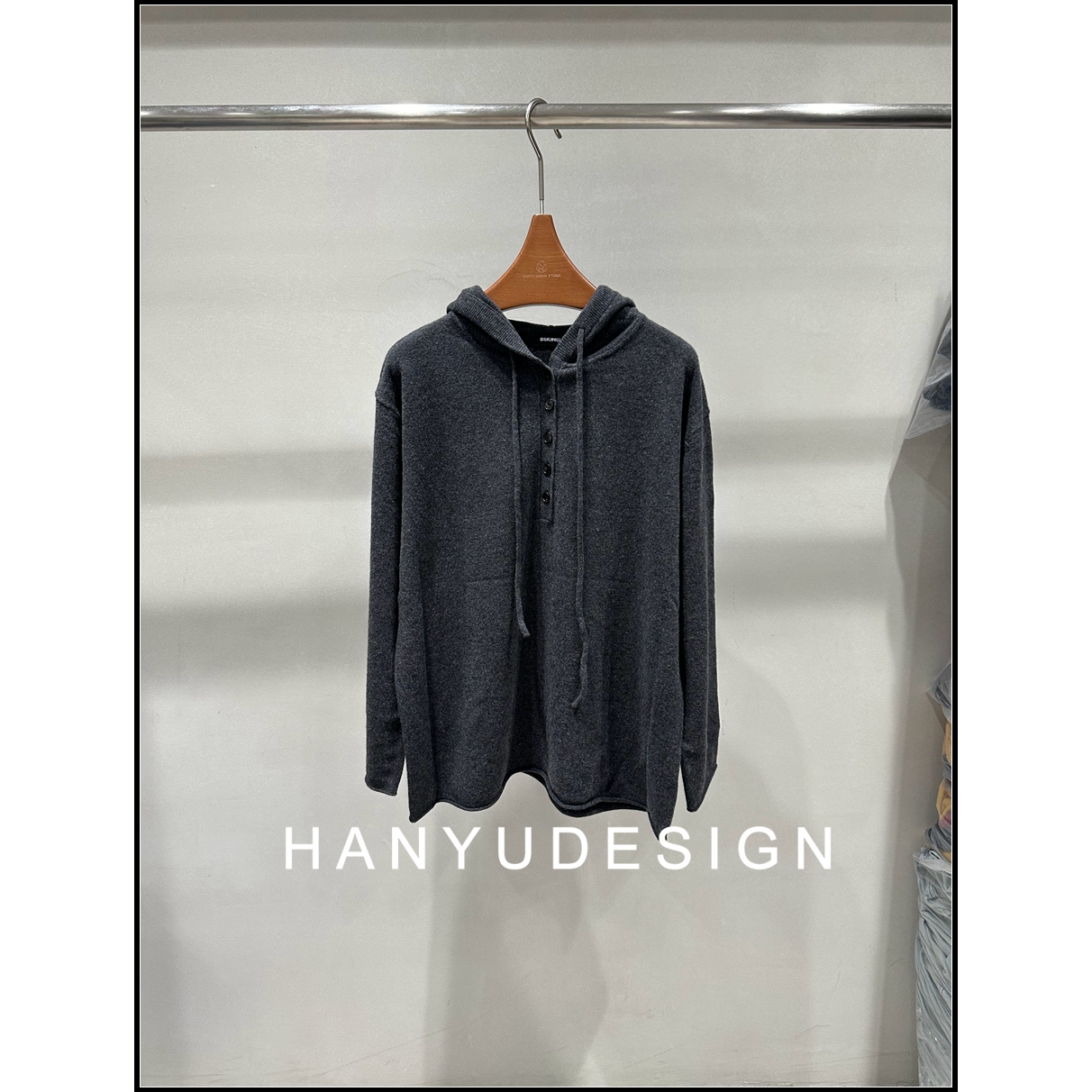 洋气半扣连帽抽绳羊绒针织衫毛衣